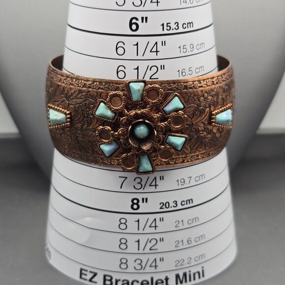 VTG Copper & Faux Turquoise Cuff Bracelet 7" Floral Embossed Design - Picture 9 of 10